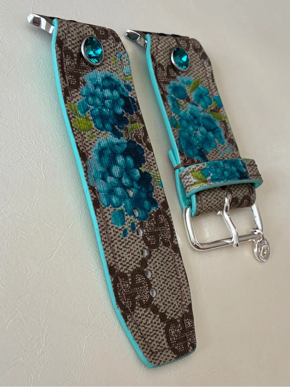Spark*l “Audrey Blooms” on Authentic Upcycled Brown Webbed GG Apple Watch Band